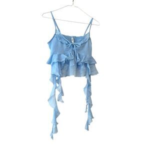 FB Sister Sleeveless V-Neck Tides Ruffle Layered Crop Top Sky Blue XS